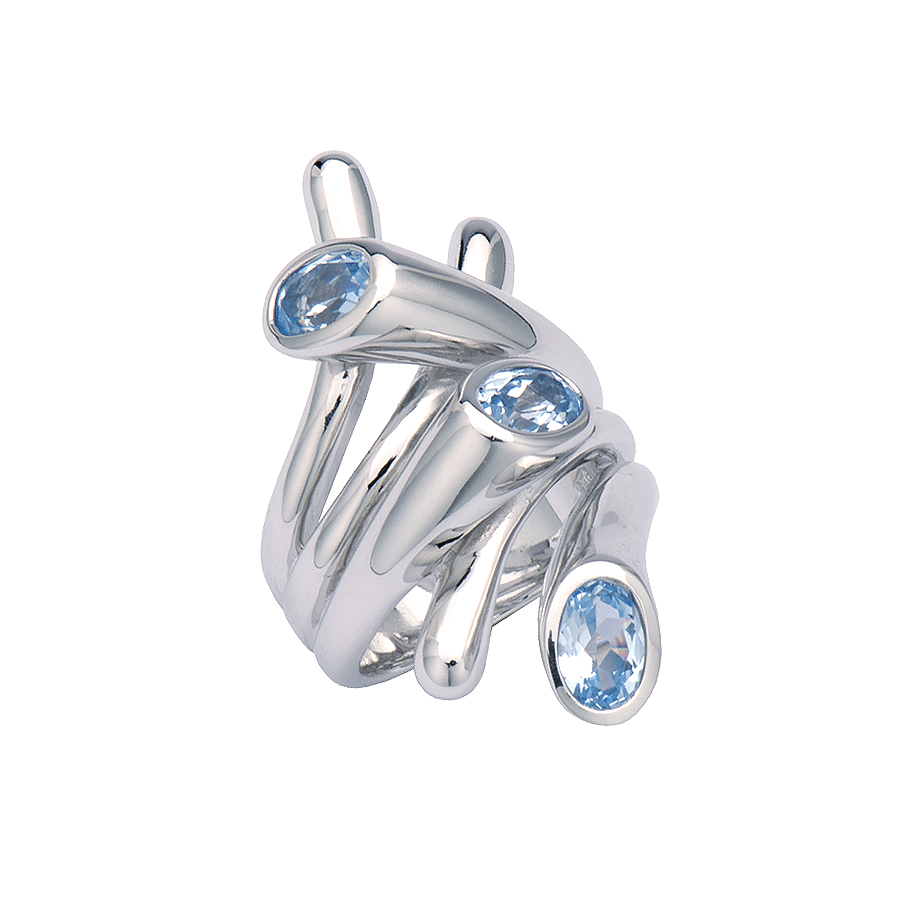 Sterling silver ring with blue CZ, rhodium plated.