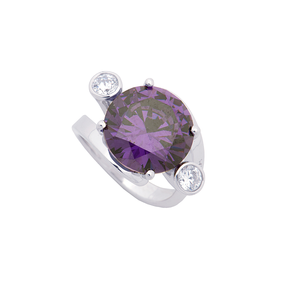 Sterling silver ring set with Amethyst quartz and CZ, rhodium plated.