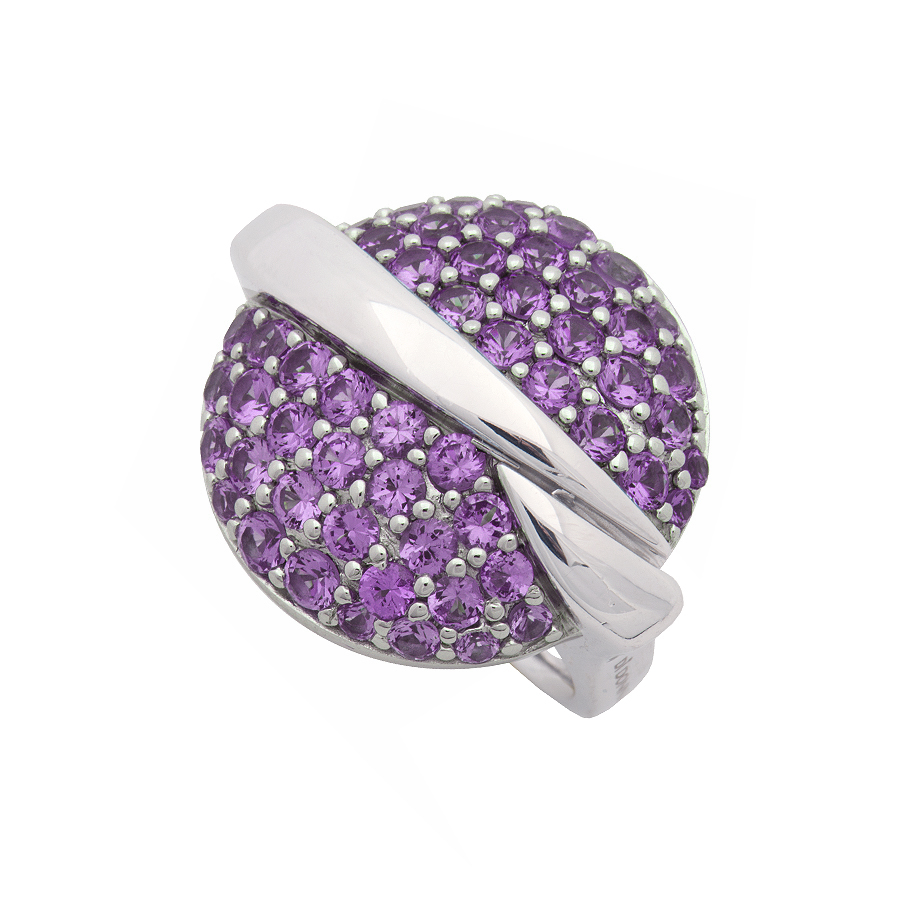 Sterling silver ring with purple CZ, rhodium plated.