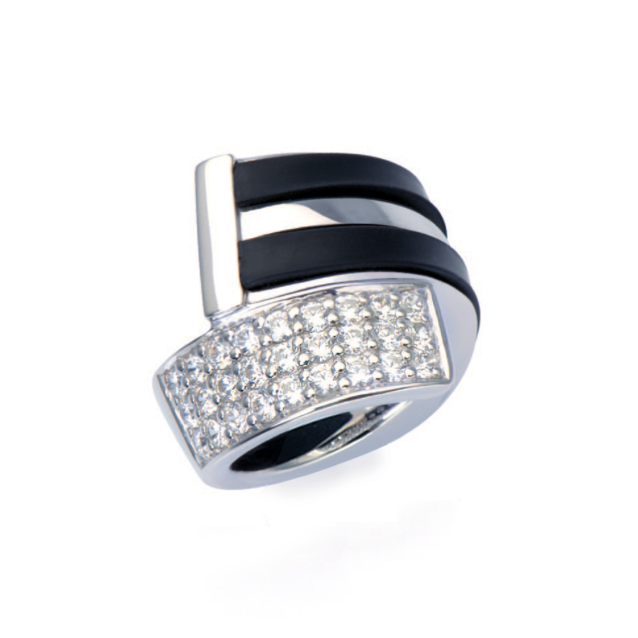 Sterling silver ring with black rubber and CZ, rhodium plated.