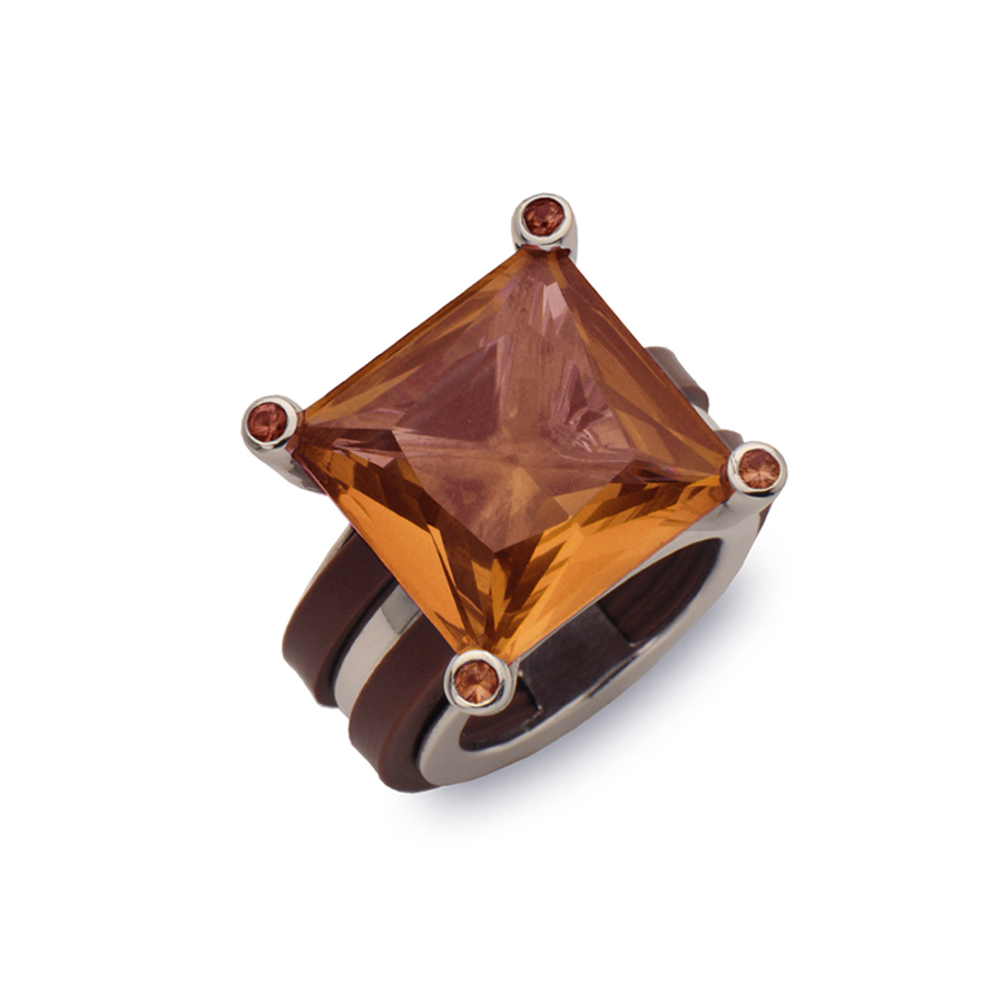 Sterling silver ring with brown rubber and yellow quartz, rhodium plated.