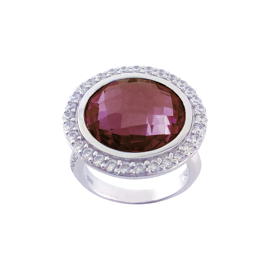 Sterling silver ring set with Rhodolite quartz and CZ, rhodium plated.