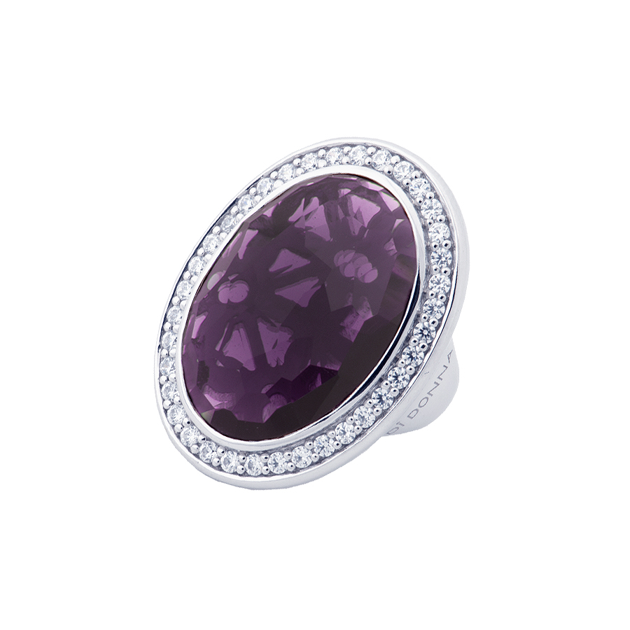 Sterling silver ring set with CZ and Amethyst quartz, rhodium plated.