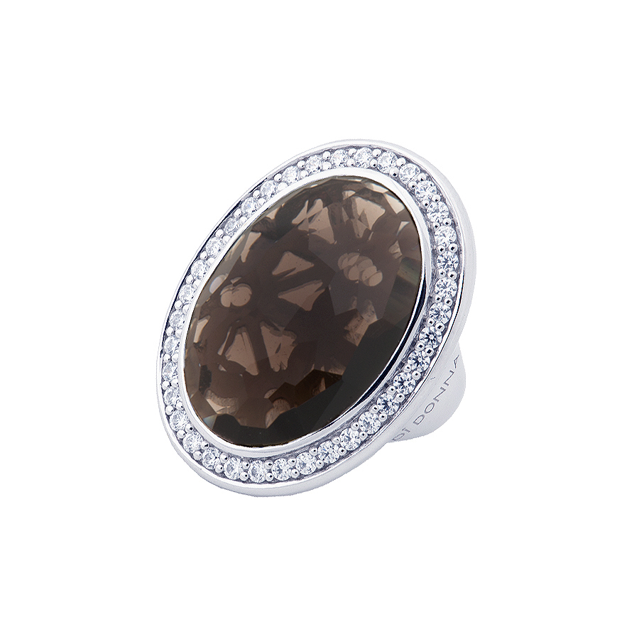 Sterling silver ring set with CZ and Smokey quartz, rhodium plated.