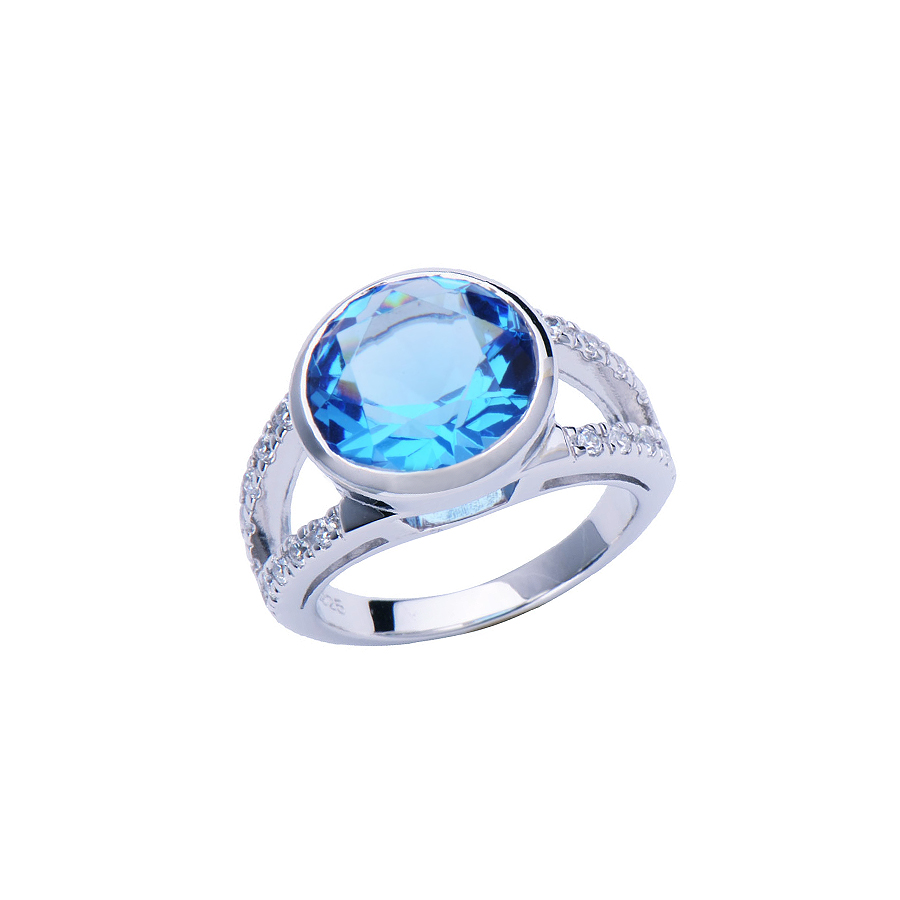 Sterling silver ring with CZ and blue quartz, rhodium plated.