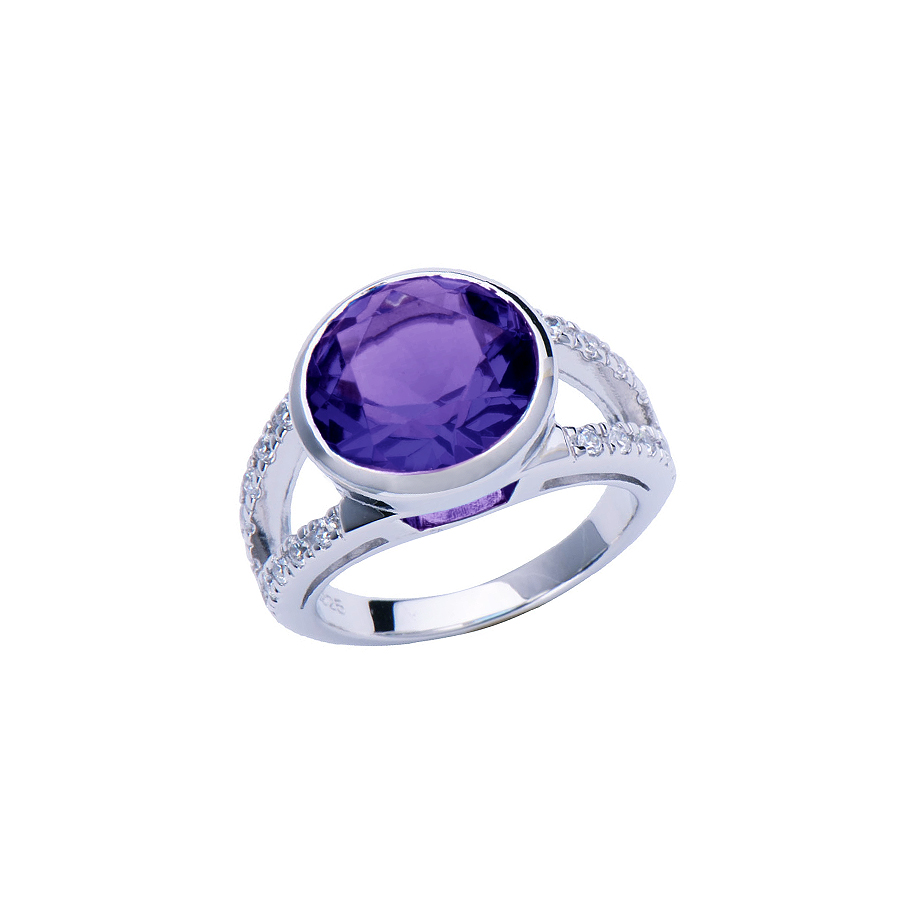 Sterling silver ring with CZ and purple quartz, rhodium plated.