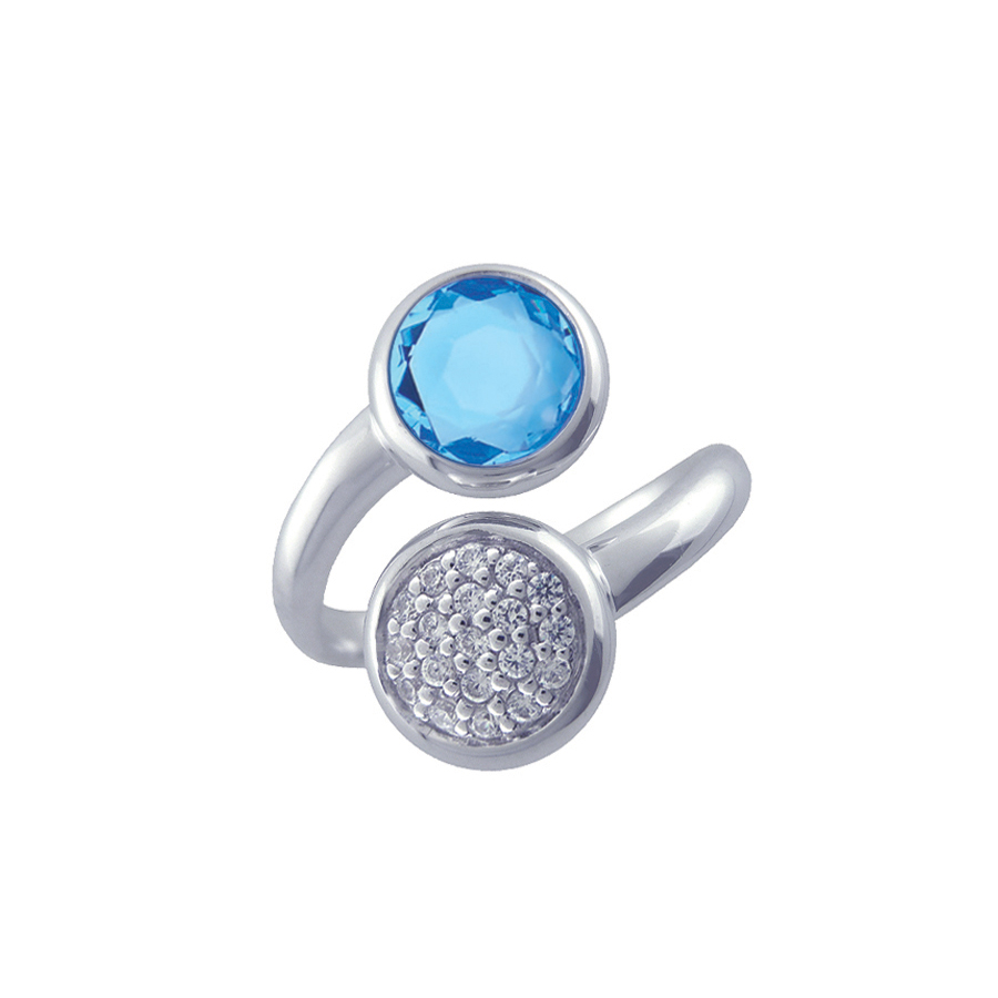 Sterling silver ring set with blue quartz and CZ, rhodium plated.