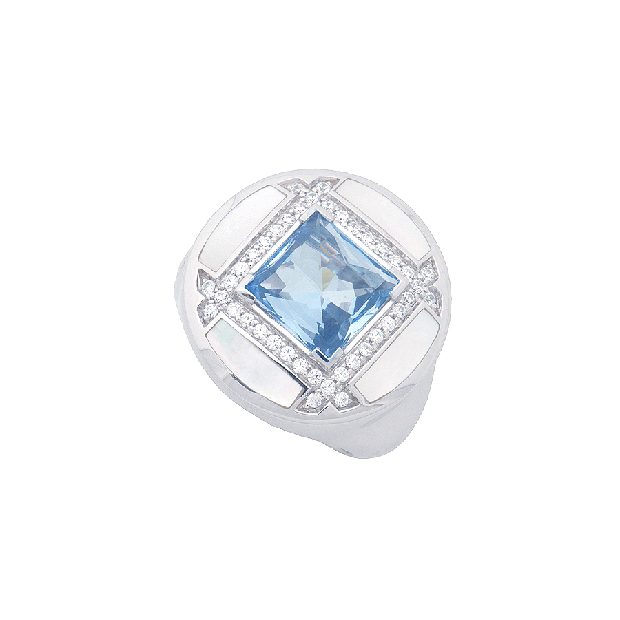 Sterling silver ring with inlay mother of pearl, set with CZ and blue Topaz quartz, rhodium plated.