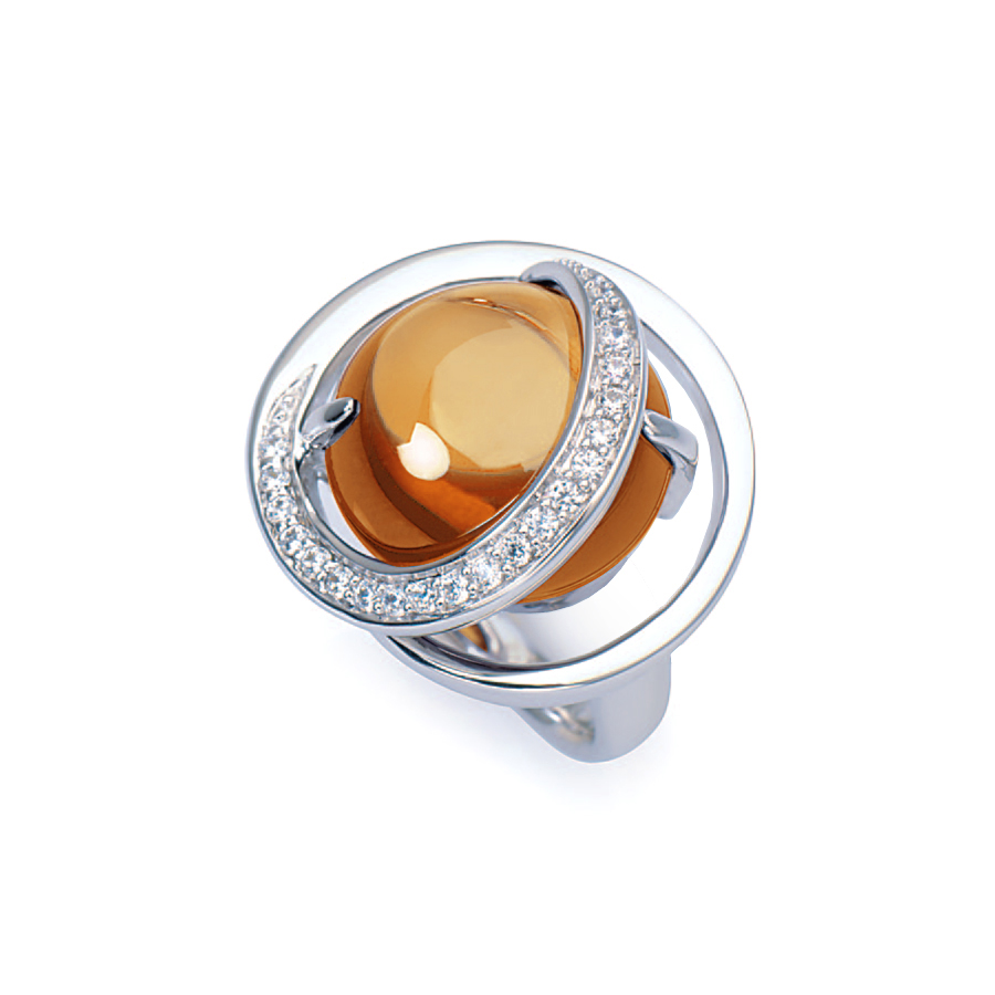 Sterling silver ring with Citrine quartz and CZ, rhodium plated.