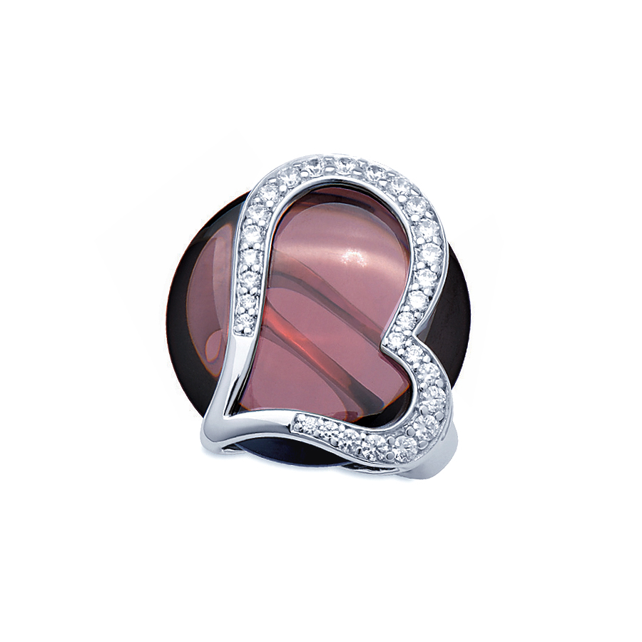 Sterling silver ring with Rhodolite quartz and CZ, rhodium plated.