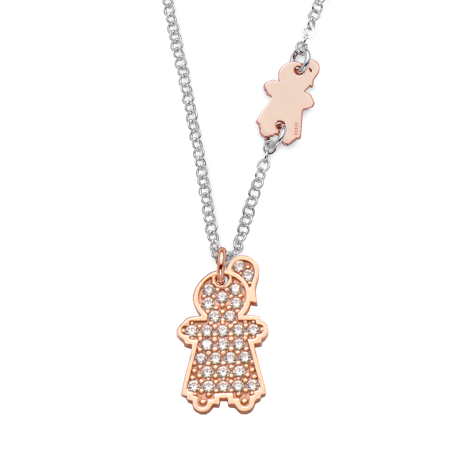 Sterling silver pendant set with CZ, rhodium and rose gold plated. (Medium Girl-21mm height +Small Girl-16mm height)