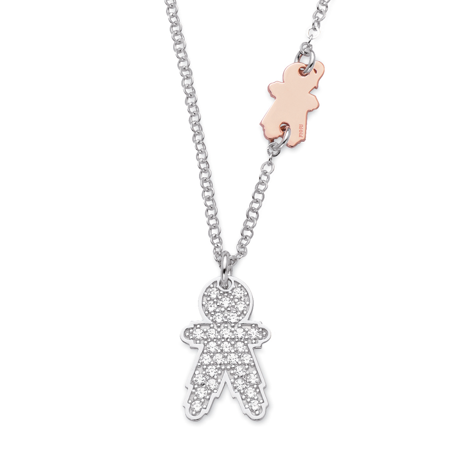 Sterling silver pendant set with CZ, rhodium and rose gold plated. (Large Boy-26mm height +Small Girl-16mm height)