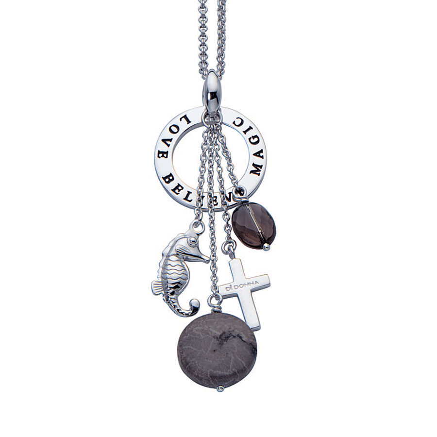 Sterling silver necklace with Fossil and Smokey quartz, rhodium plated. (Chain 18" or 45cm)