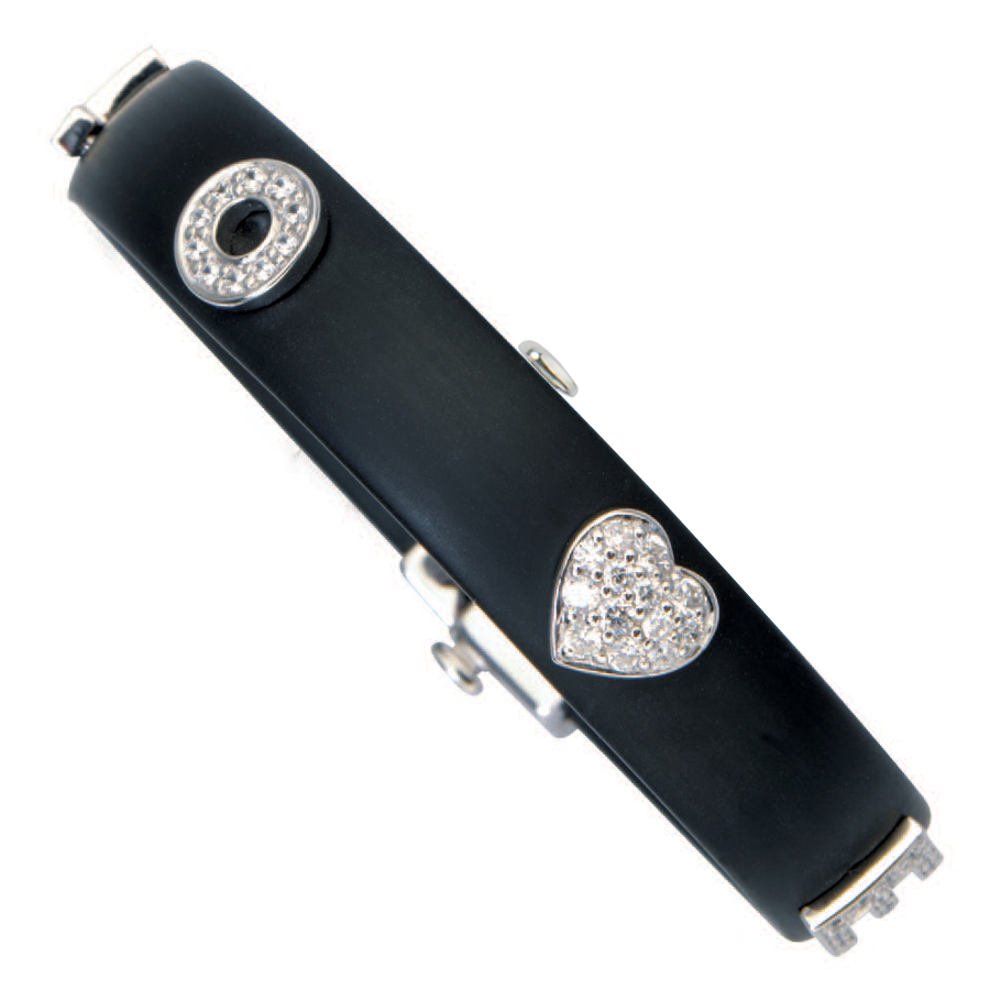 Sterling silver bracelet with black rubber and CZ, rhodium plated.