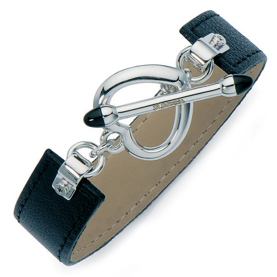 Sterling silver black leatherette bracelet, rhodium plated.