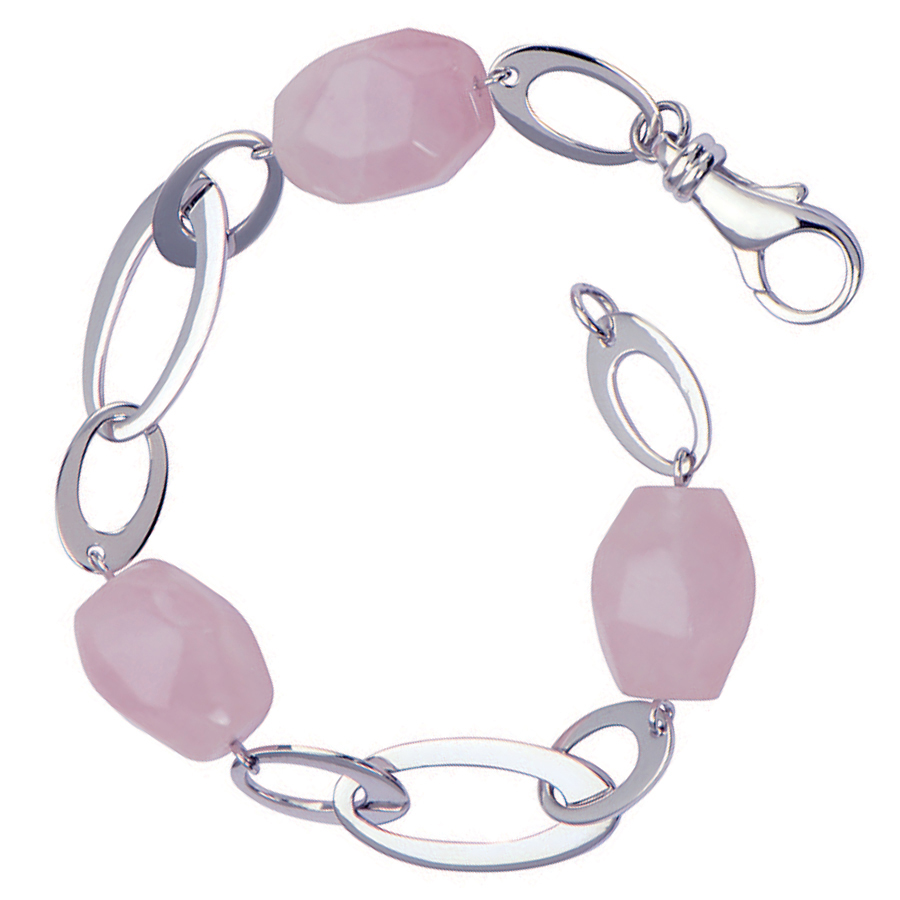 Sterling silver bracelet  with rose quartz, rhodium plated.