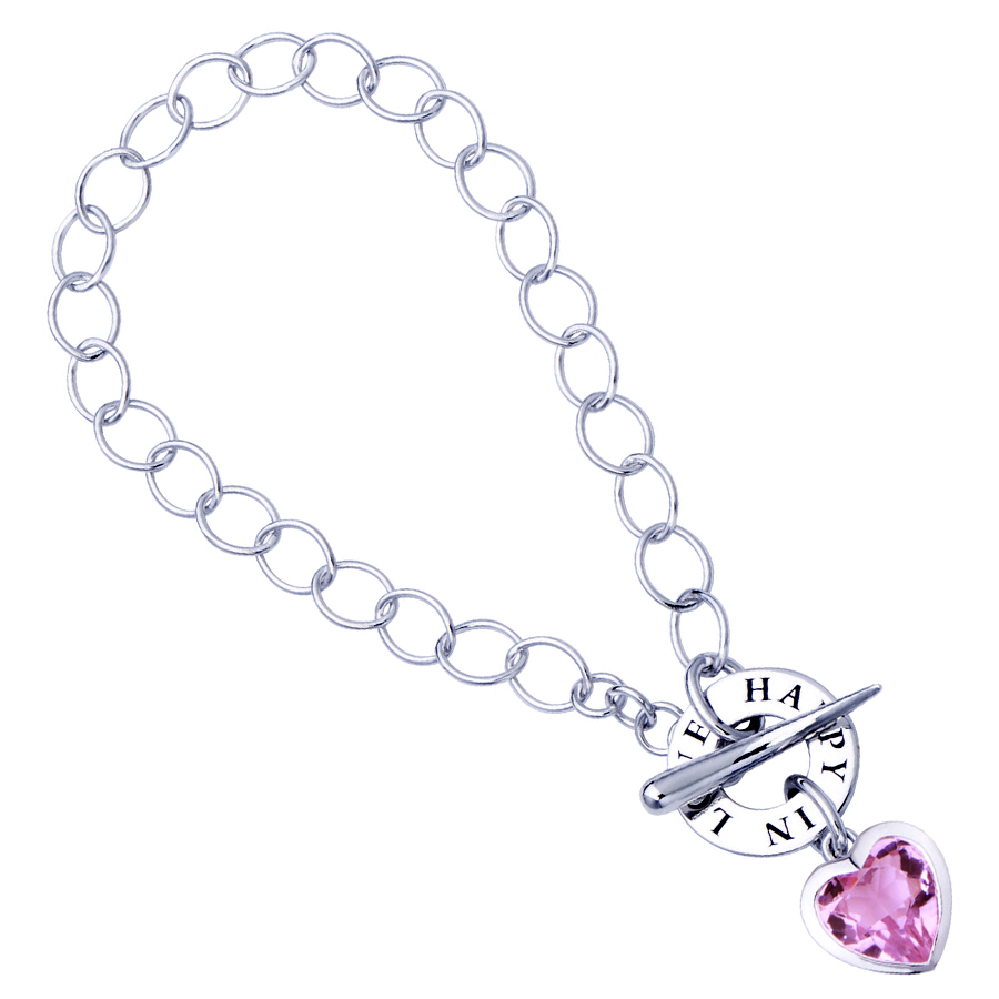 Sterling silver bracelet with pink quartz, rhodium plated.