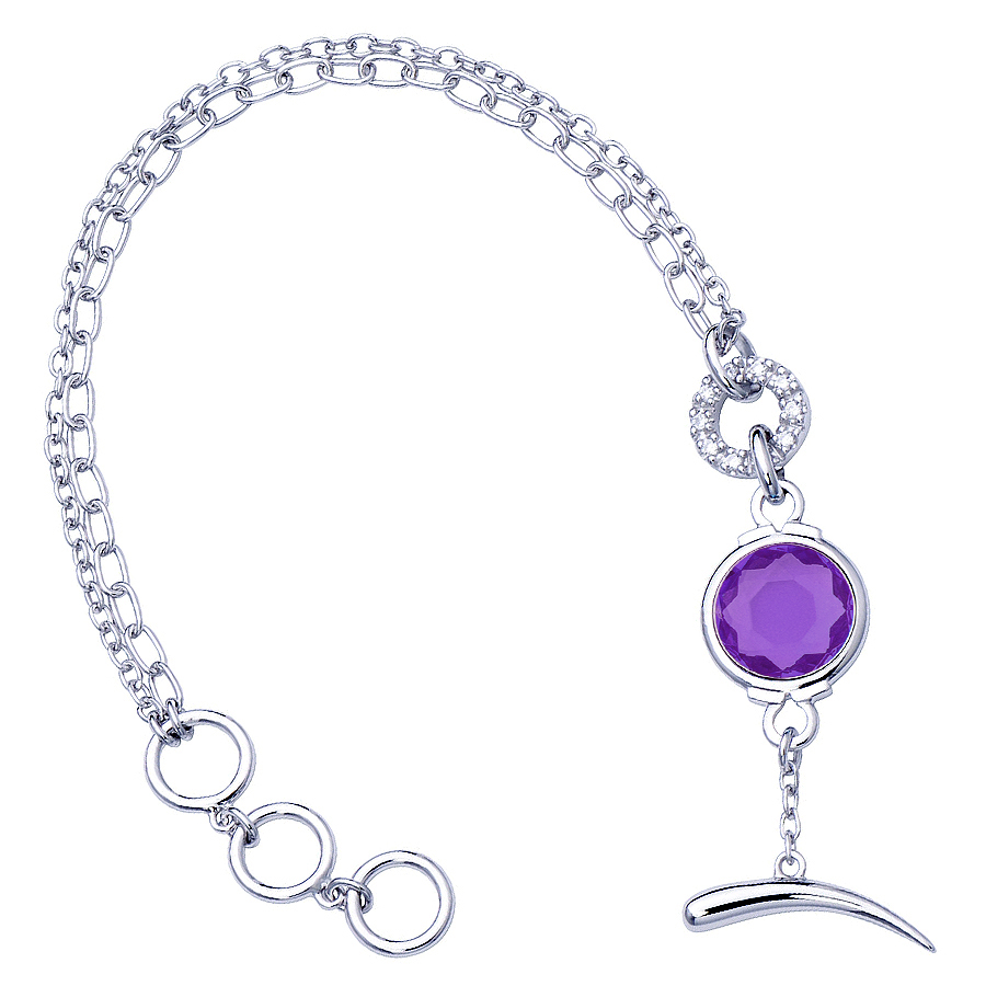 Sterling silver bracelet with CZ and Amethyst quartz, rhodium plated.