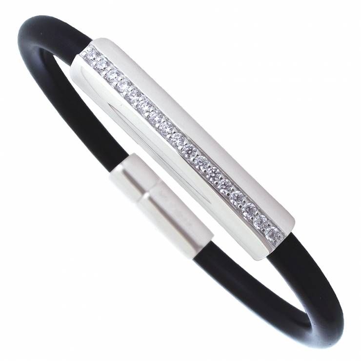 Sterling silver and black rubber bracelet set with CZ, rhodium plated.