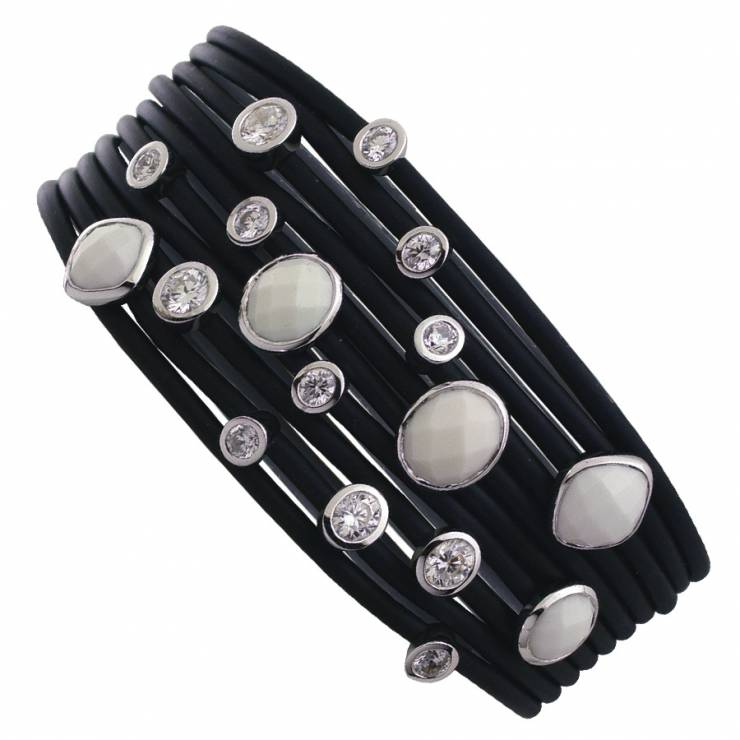 Sterling silver and black rubber bracelet set with CZ and white Agate, rhodium plated.