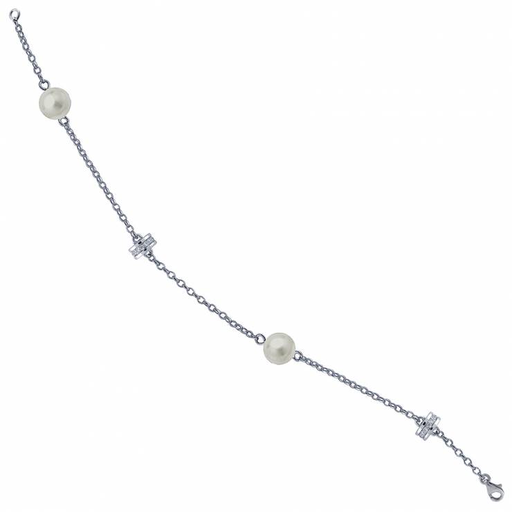 Sterling silver bracelet set with CZ and white shell pearl, rhodium plated.