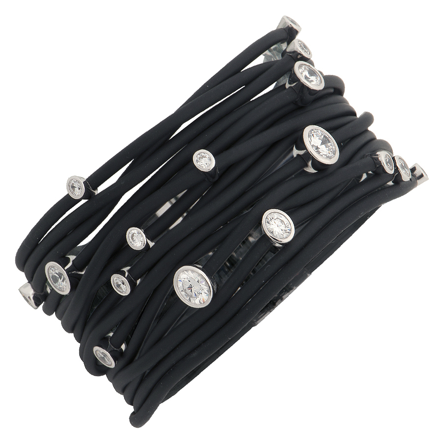 Sterling silver and black rubber bracelet set with CZ, rhodium plated.