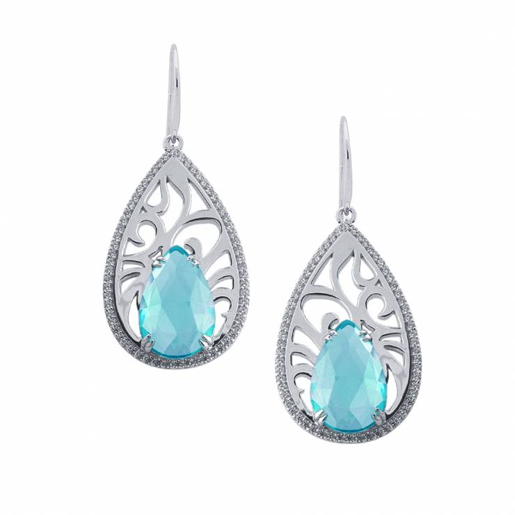 Sterling silver earrings set with Blue Topaz quartz and CZ, rhodium plated.