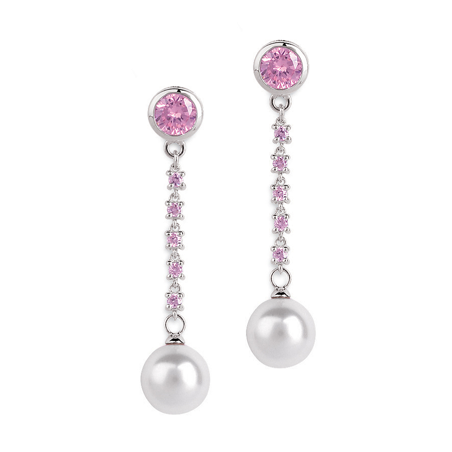 Sterling silver earrings with pink CZ and shell pearl, rhodium plated.