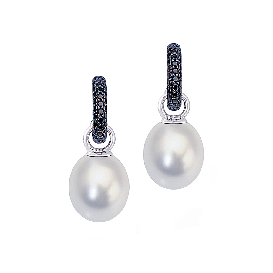 Sterling silver earrings with black CZ and white shell pearls, rhodium plated.