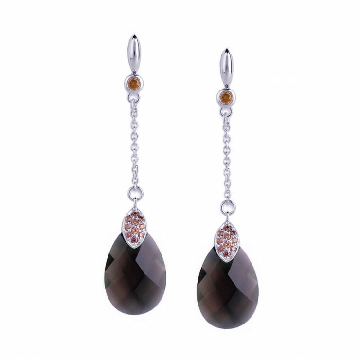 Sterling silver earrings with Champagne CZ and Smokey quartz, rhodium plated.
