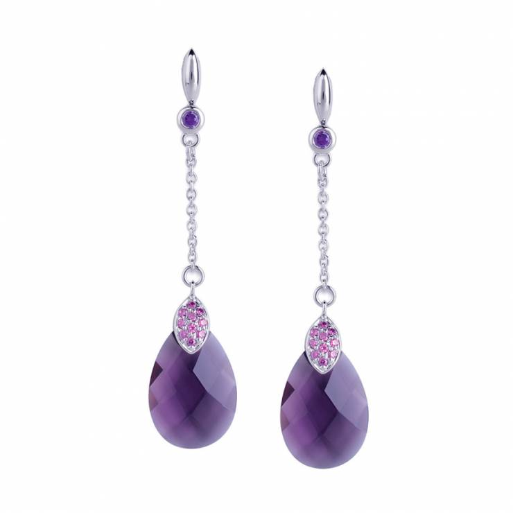 Sterling silver earrings with pink CZ and purple quartz, rhodium plated.