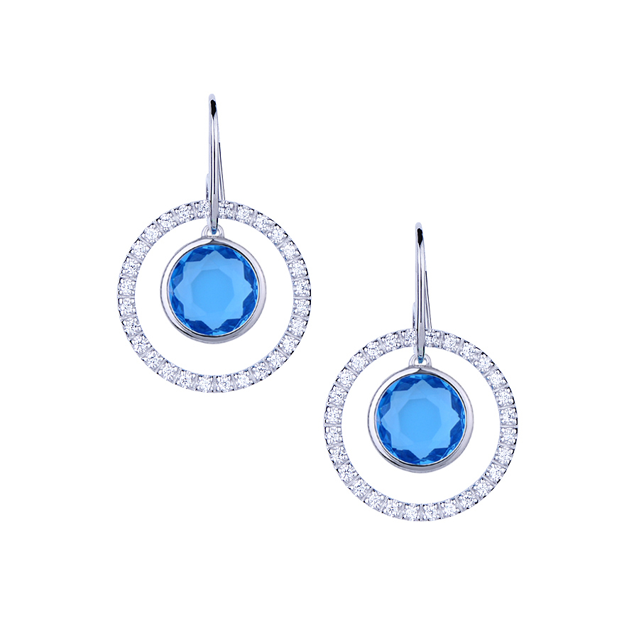 Sterling silver earrings with CZ and blue quartz, rhodium plated.