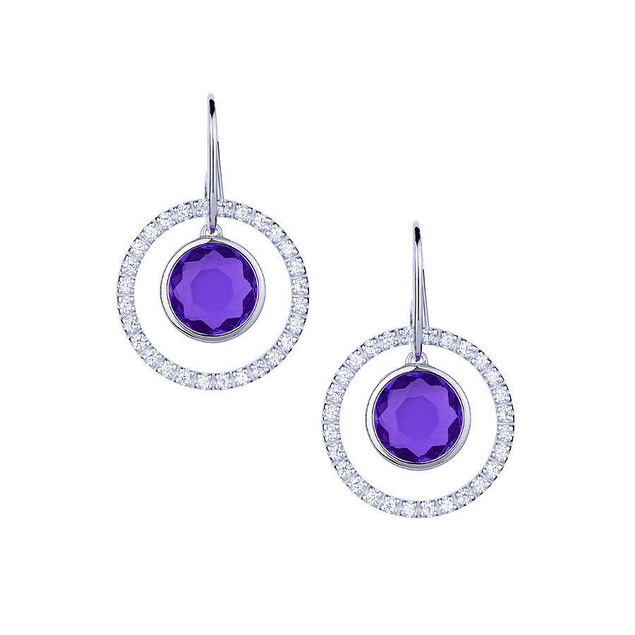 Sterling silver earrings with CZ and purple quartz, rhodium plated.