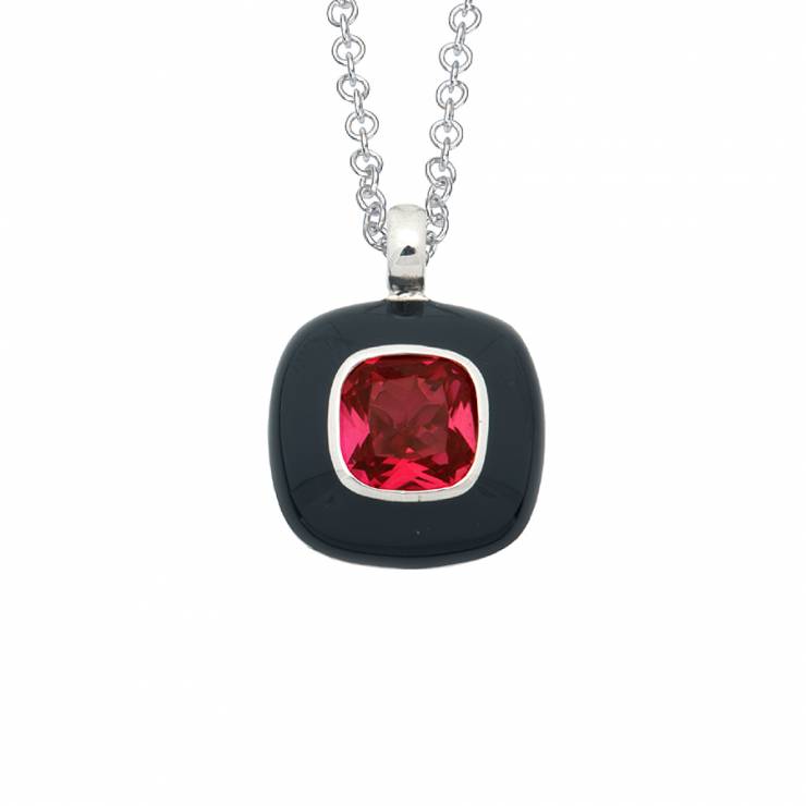 Sterling silver pendant with enamel and synthetic red Padparadscha, rhodium plated. (Chain 17" or 42cm)