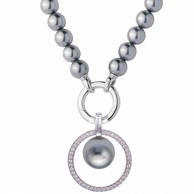 Sterling silver and shell pearl necklace with CZ, rhodium plated.