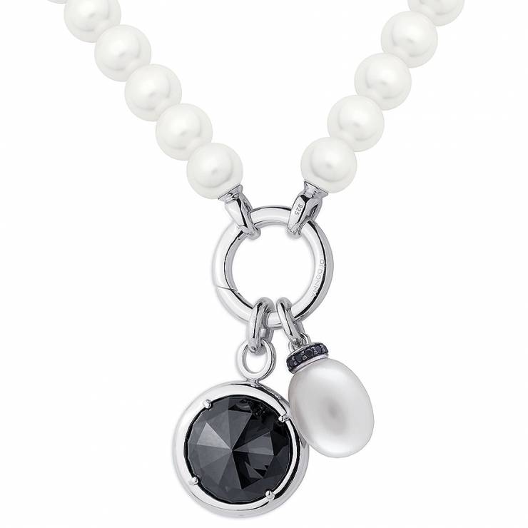 Sterling silver and shell pearl necklace with black CZ, rhodium plated.