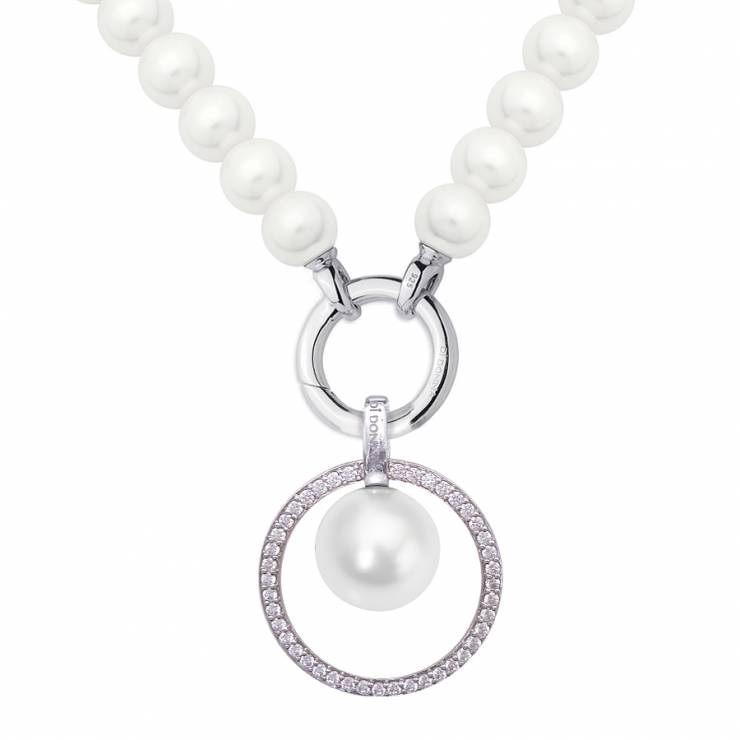 Sterling silver and shell pearl necklace with CZ, rhodium plated.