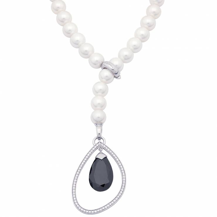 Long adjustable shell pearl necklace with black and white CZ, rhodium plated.