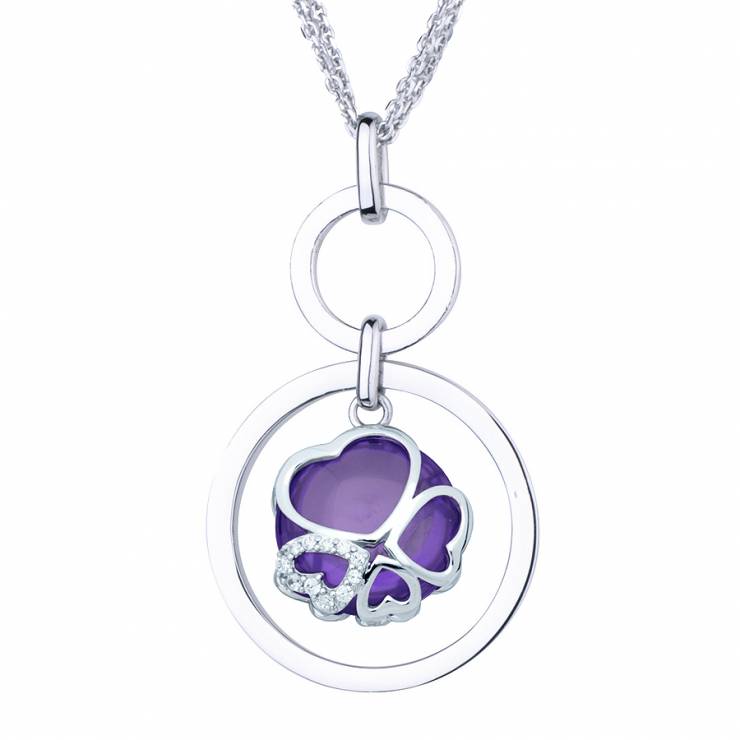 Sterling silver necklace with CZ and Amethyst quartz, rhodium plated. (Chain 18" or 45cm)