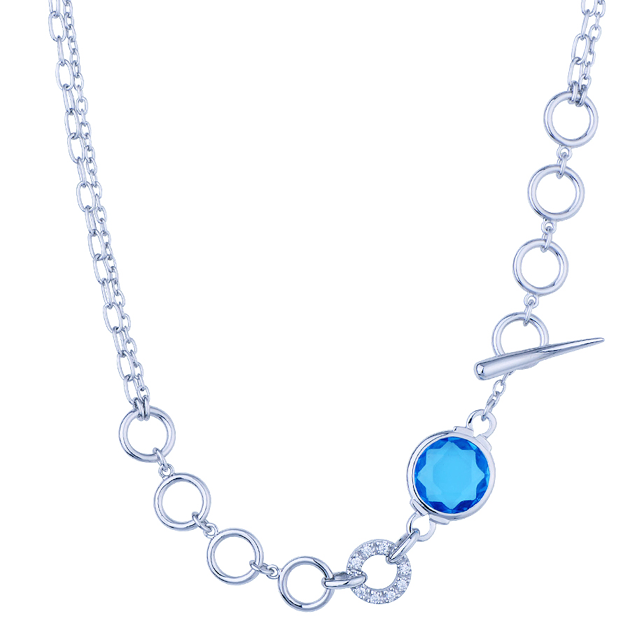 Sterling silver necklace with CZ and blue quartz, rhodium plated.