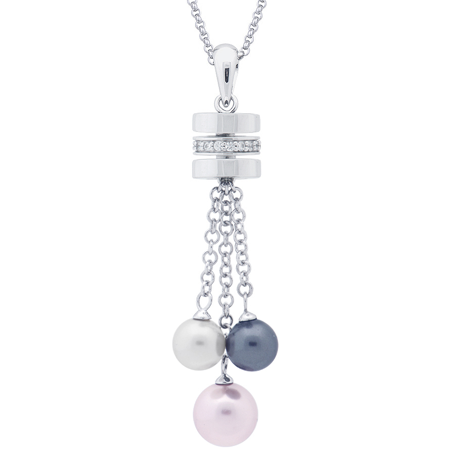 Sterling silver necklace set with CZ and multicolored pearls, rhodium plated.