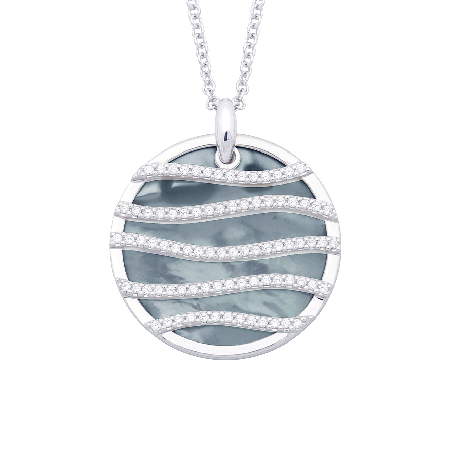 Sterling silver pendant with mother of pearl and CZ, rhodium plated, (Chain 24" or 60cm).