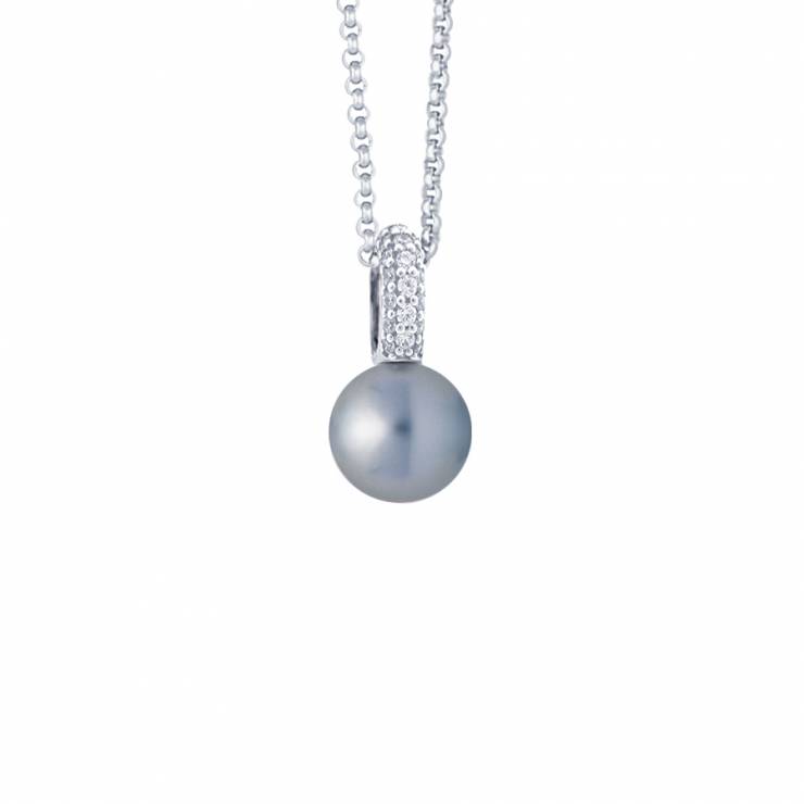 Sterling silver pendant with CZ, gray shell pearl, rhodium plated. (Chain 18" or 45cm)