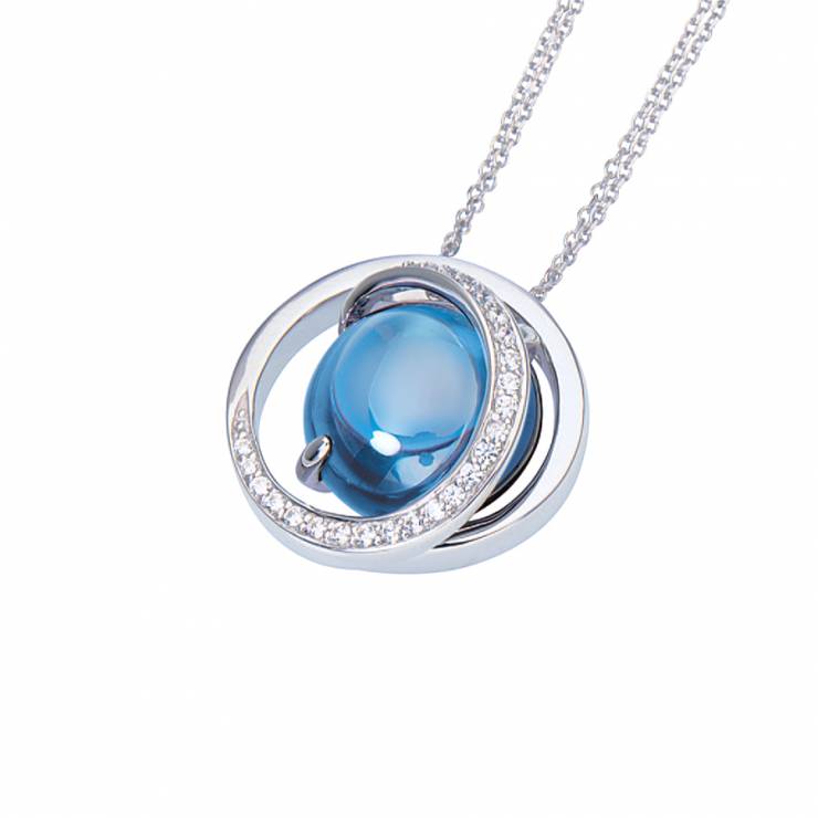 Sterling silver pendant with blue Topaz quartz and CZ, rhodium plated. (Chain 18" or 45cm)