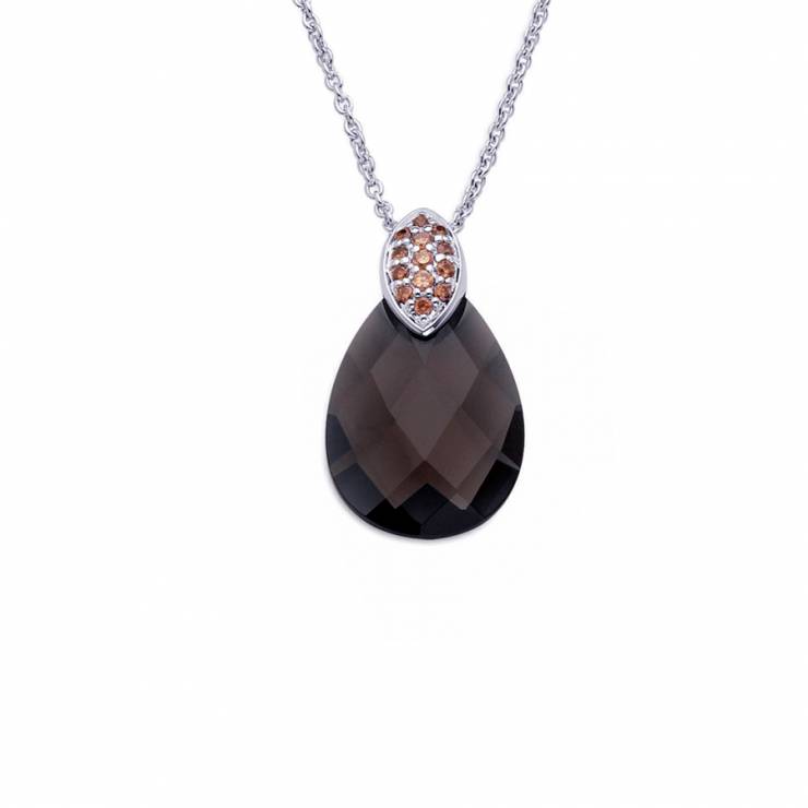 Sterling silver pendant with Champagne CZ and Smokey quartz, rhodium plated. (Chain 18" or 45cm)