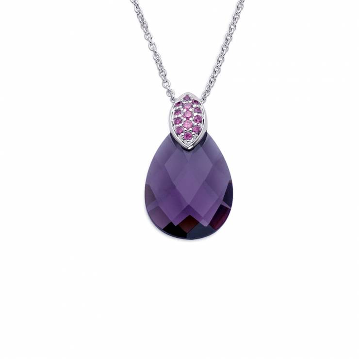 Sterling silver pendant with pink CZ and purple quartz, rhodium plated. (Chain 18" or 45cm)