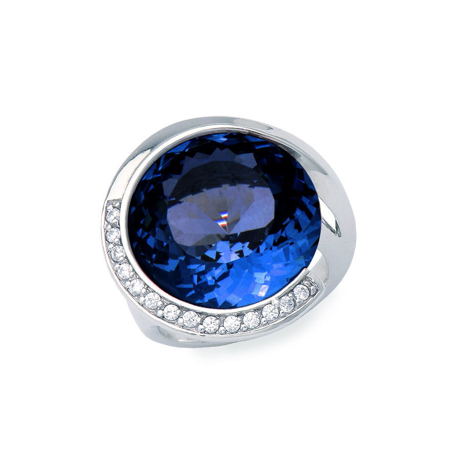Sterling silver ring  with blue quartz and clear CZ, rhodium plated.