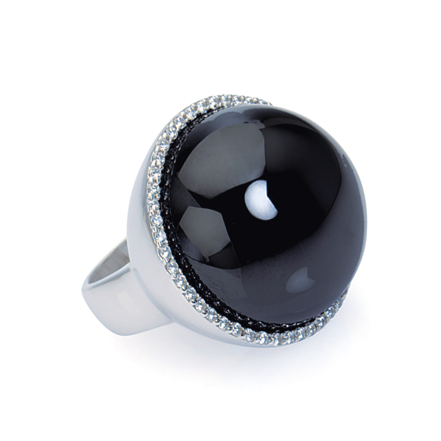 Sterling silver ring with CZ and black Hematite, rhodium plated.