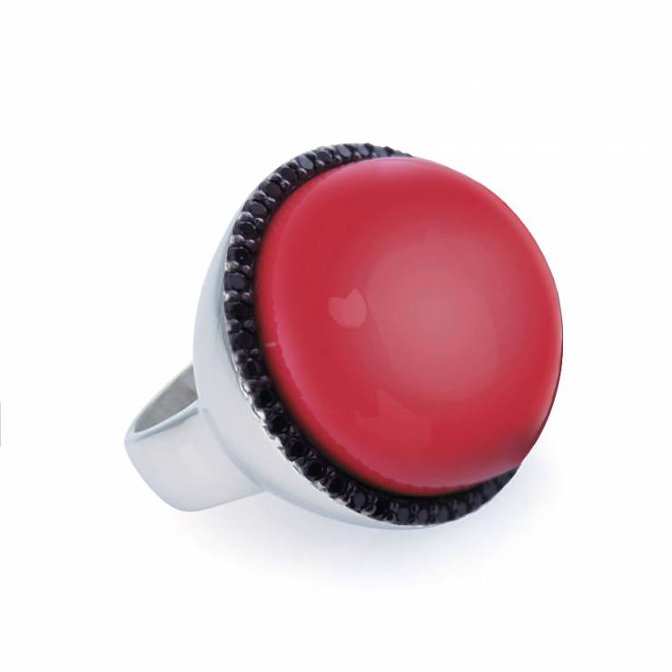 Sterling silver ring with CZ and reconstructed Coral, rhodium plated.