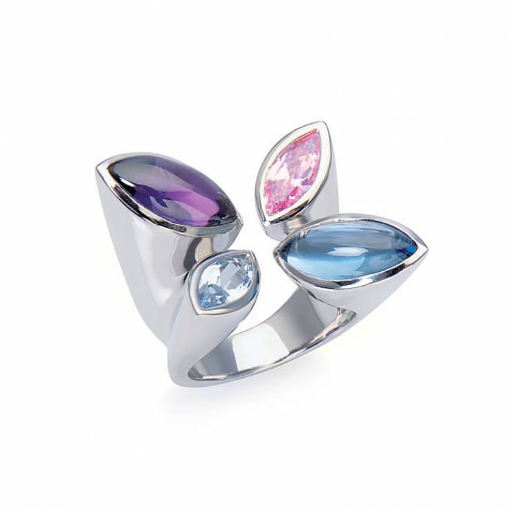 Sterling silver ring with multicolour CZ, rhodium plated.